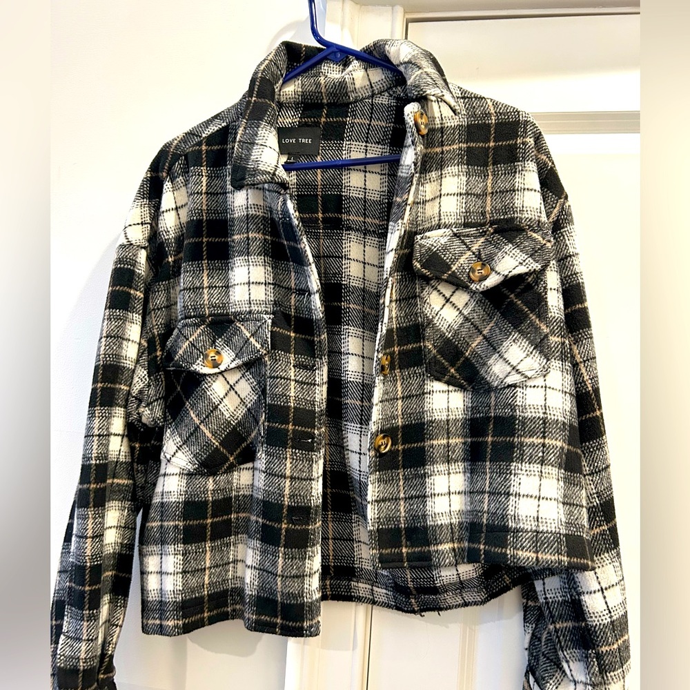 Love Tree Womens Plaid Jacket - Black and White, Size Large